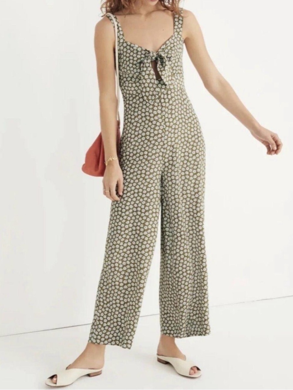 Madewell Olive Floral Tie-Front Wide-Leg Jumpsuit